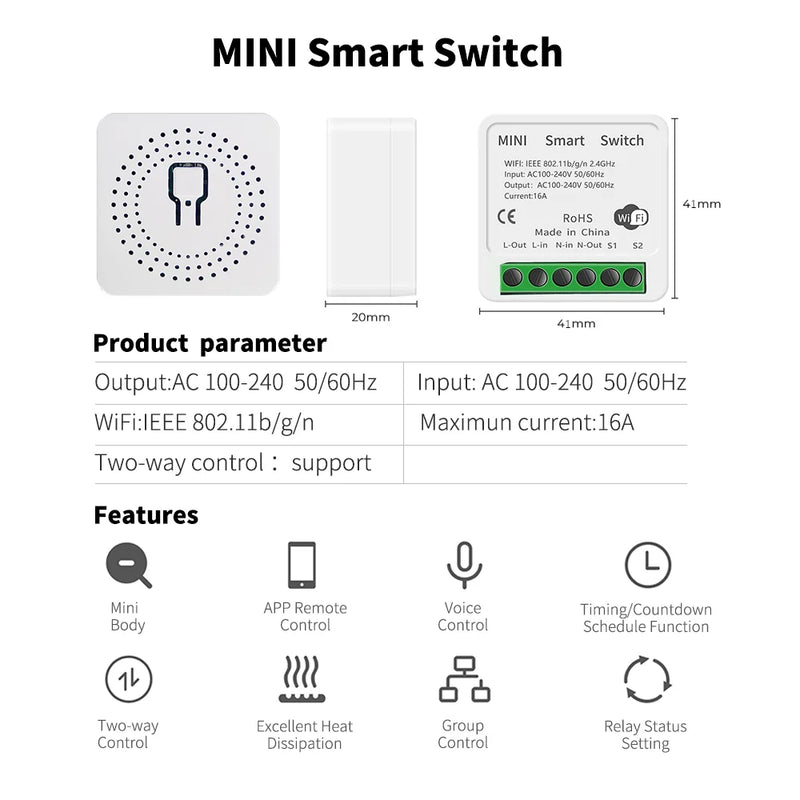 FBT-N-WR 16A  WIFI Mini module switch 2 Way Smart Home Automation relay Module Works with Smart Life App Alexa Google Home