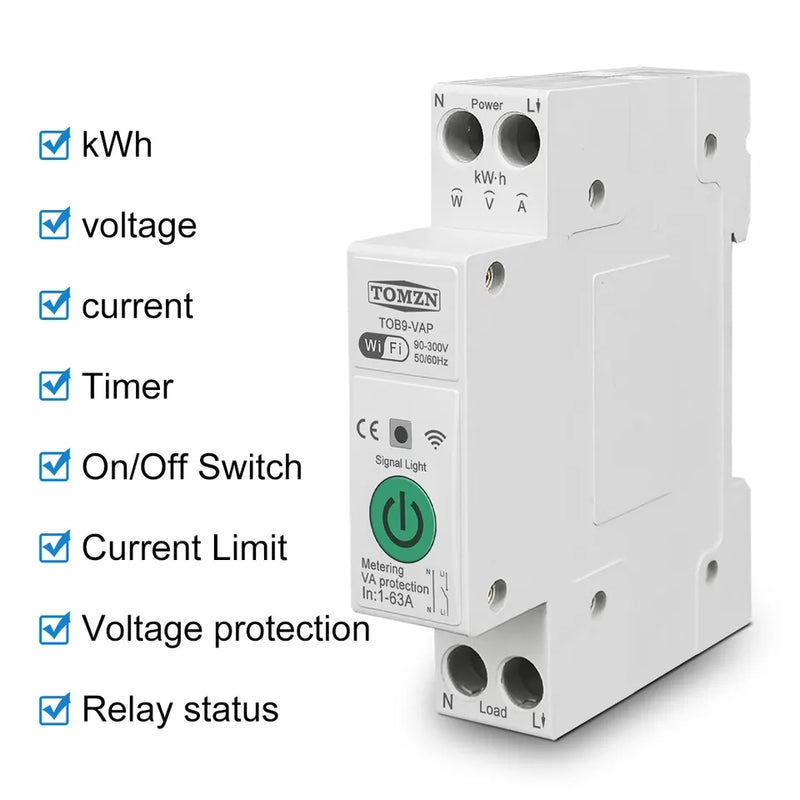 TOMZN 8in1 63A WIFI Smart Switch with monitoring and Protection, TOMZN wifi breaker full function