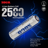 SOGO 3.7V 2500mAh Rechargeable Lithium Battery Cell – High Performance Li-ion Cell (Pack of 2)