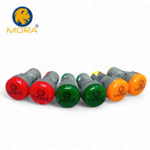 Set of MORA brand light bulbs in red, green, and orange on a white background