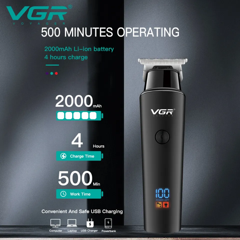 VGR V-937 Professional USB Charging Electric Hair Trimmer Cordless Barber Hair Clipper for Men with LED Display