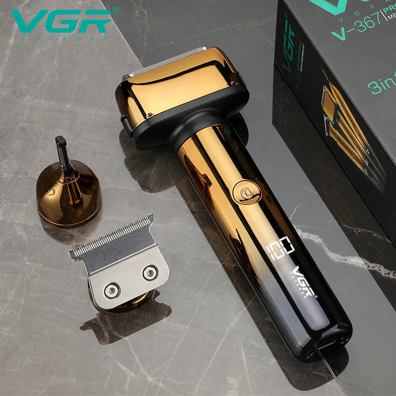 VGR V-367 3 IN 1 Beard Shaver LED Display Eyebrows Trimmer Rechargeable Electric Shaver 0mm Shaving Machine for Men