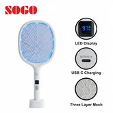 SOGO electric fly swatter with LED display, USB C charging, and three-layer mesh on a white background.