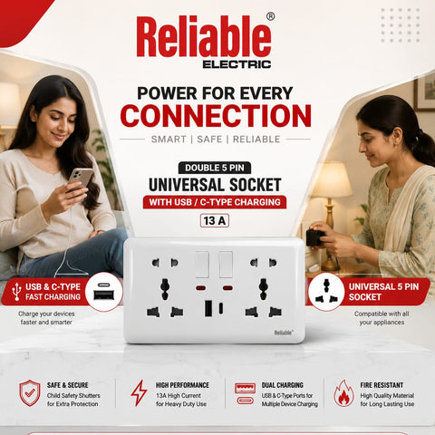 Reliable Electric Double 5 Pin Universal Socket 13A with USB & Type-C Charging