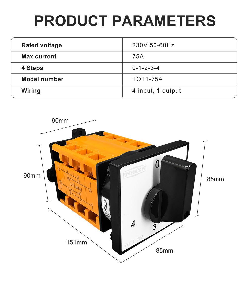 Tomzn 4 Line 75A Phase and Neutral Selector Switch ChangeOver for 4 Meters