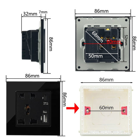 13A Universal Power Socket Glass Surface With USB Type C Charge Port And USB A