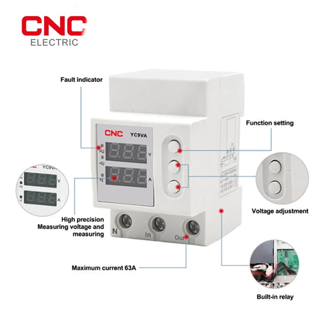 CNC YC9VA 2IN1 63A Adjustable Over & Under Voltage Protector Time Delay