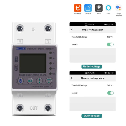 TOMZN All in 1 63A WIFI Smart  Circuit Breaker with voltage current and leakage protection. Tomzn 10in1 Smart Protector