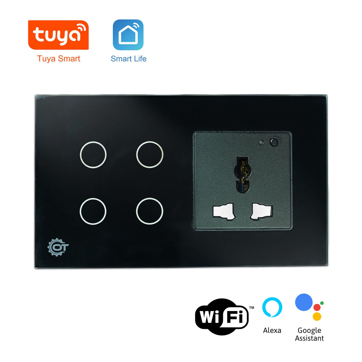 4 Gang Wi-Fi Glass Switch With 13A Wifi Socket Energy Monitoring