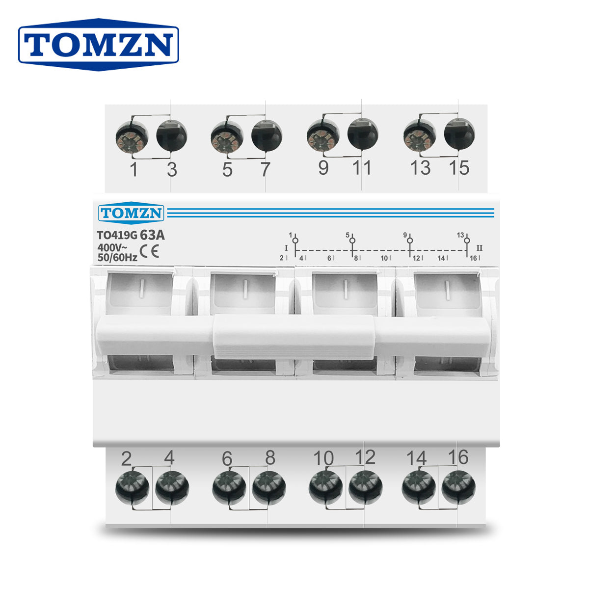 Tomzn TO419G 4P 63A Din Rail MTS Dual Power Manual Transfer Isolating Switch Interlock Circuit Breaker TOMZN breaker type changeover