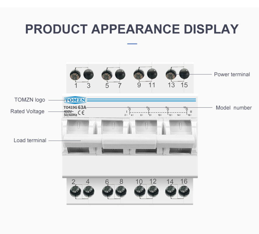 Tomzn TO419G 4P 63A Din Rail MTS Dual Power Manual Transfer Isolating Switch Interlock Circuit Breaker TOMZN breaker type changeover