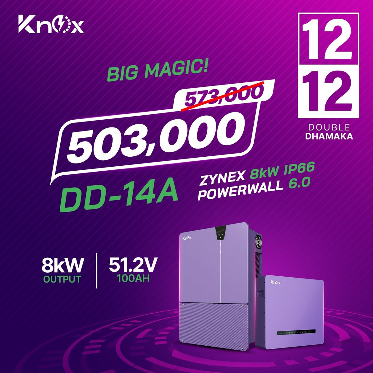 Knox Combo Deal 14A Zynex 8KW hybrid solar inverter with Powerwall 6.0 51.2v 100ah Lithium Battery