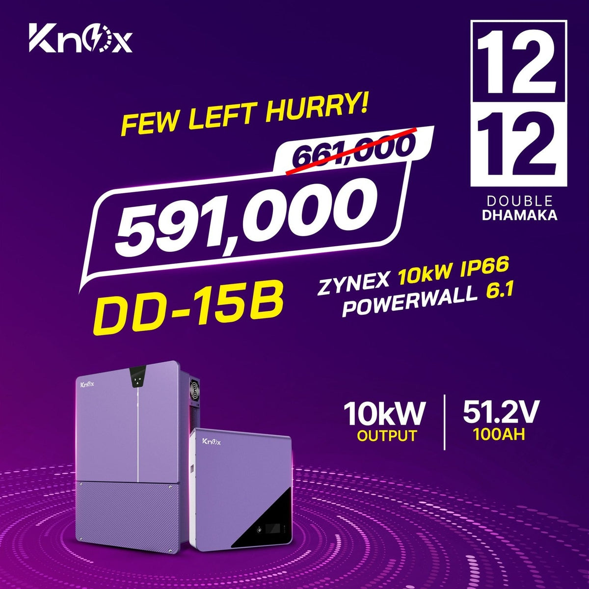 Knox Combo Deal 15B Zynex 10KW hybrid solar inverter with Powerwall 6.1 51.2v 100ah Lithium Battery