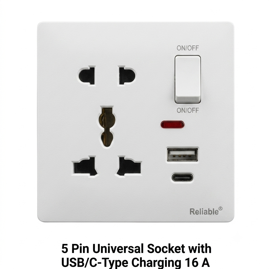 Reliable Electric 5 Pin Universal Socket with USB & Type-C Charging 16A