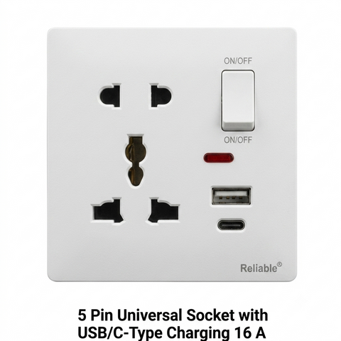 Reliable Electric 5 Pin Universal Socket with USB & Type-C Charging 16A