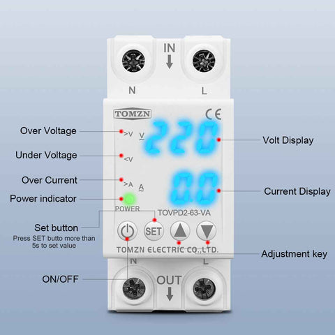 Tomzn 5th Gen 2IN1 Adjustable Over & Under Voltage Protector TOVPD2-63-VA