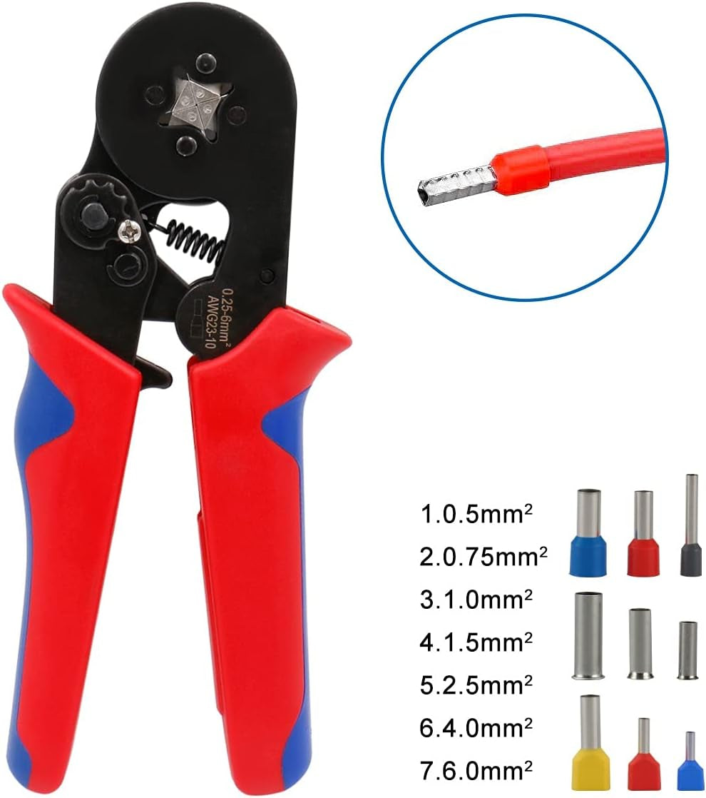 YTH Crimping Plier HSC8 6-46 Self-adjustable Crimping Tools for 0.25-6 mm² AWG 23-10, Square Ferrule Wire Cable End-sleeves Red