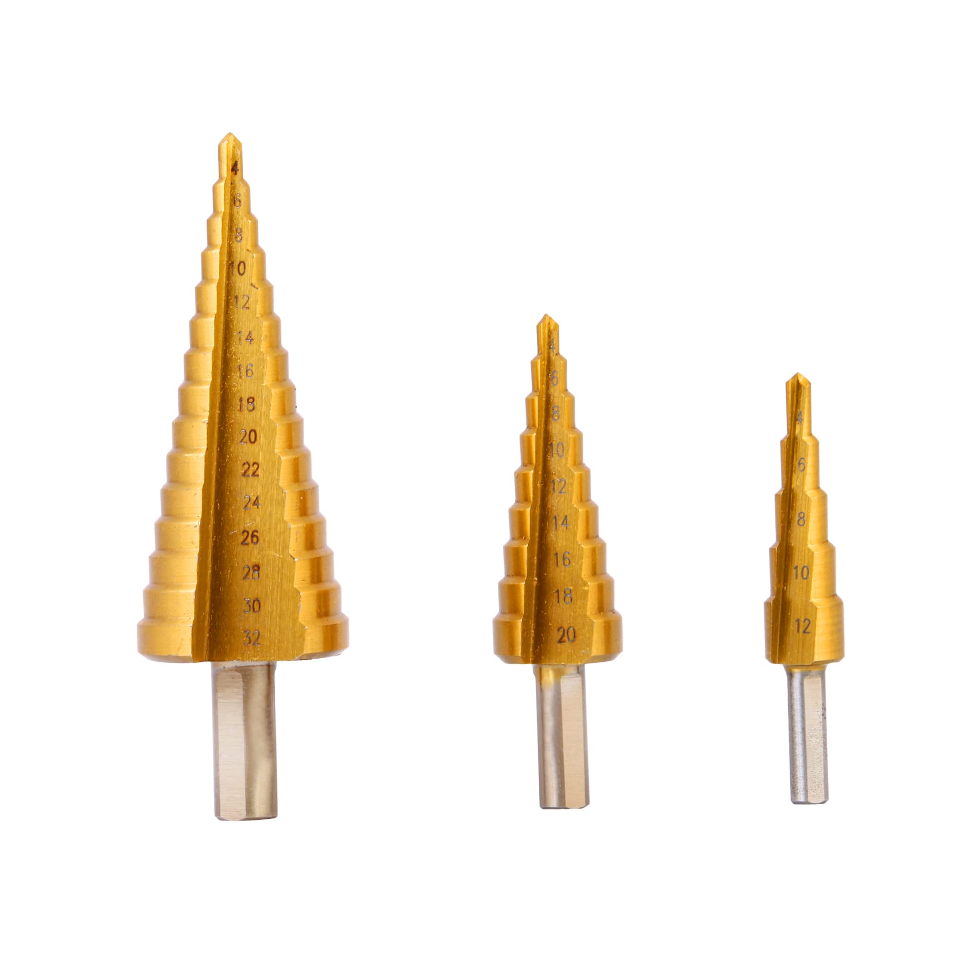 6-Piece HSS Step Cone Drill Bit Set – 4-32mm Titanium Coated, Steel, For Wood & Mixing Applications