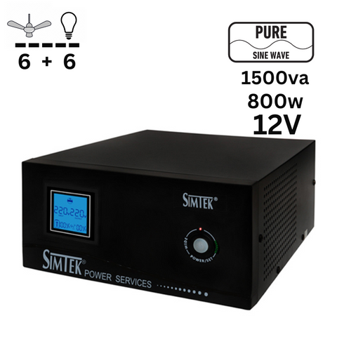 Simtek Pure Sine Wave UPS/Inverter 6 Fans & 6 Lights 1500VA – 800Watts 12v DC – 1 Year Warranty