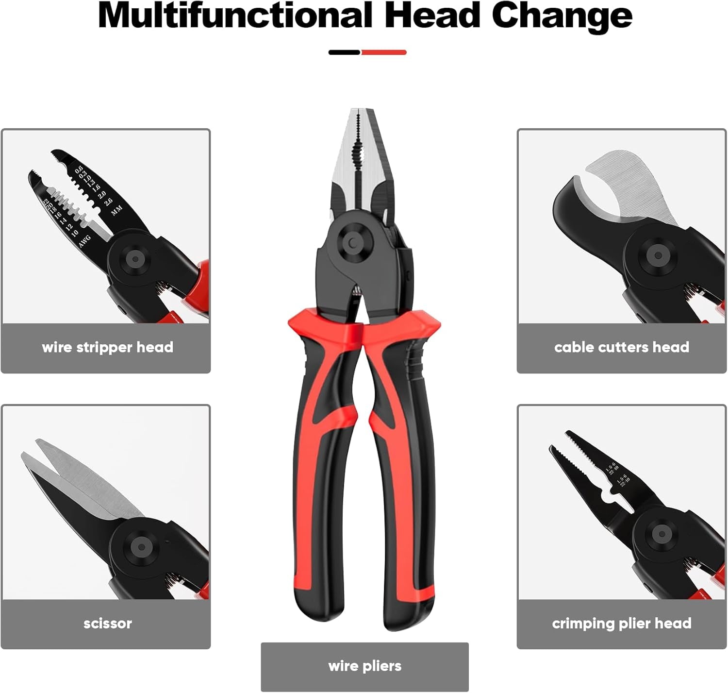 5in1 Multifunction Plier Quick Change Pliers Head Set with Wire Pliers, Scissors, Cable Cutter, Wire Stripper, Crimping Pliers for Home Use