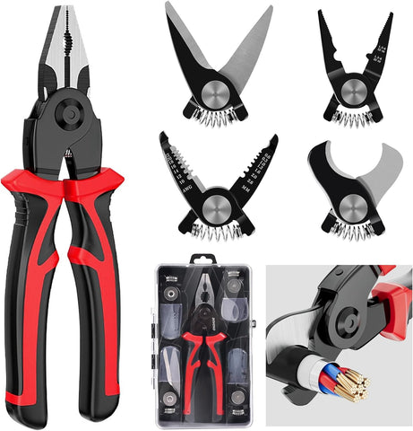 5in1 Multifunction Plier Quick Change Pliers Head Set with Wire Pliers, Scissors, Cable Cutter, Wire Stripper, Crimping Pliers for Home Use