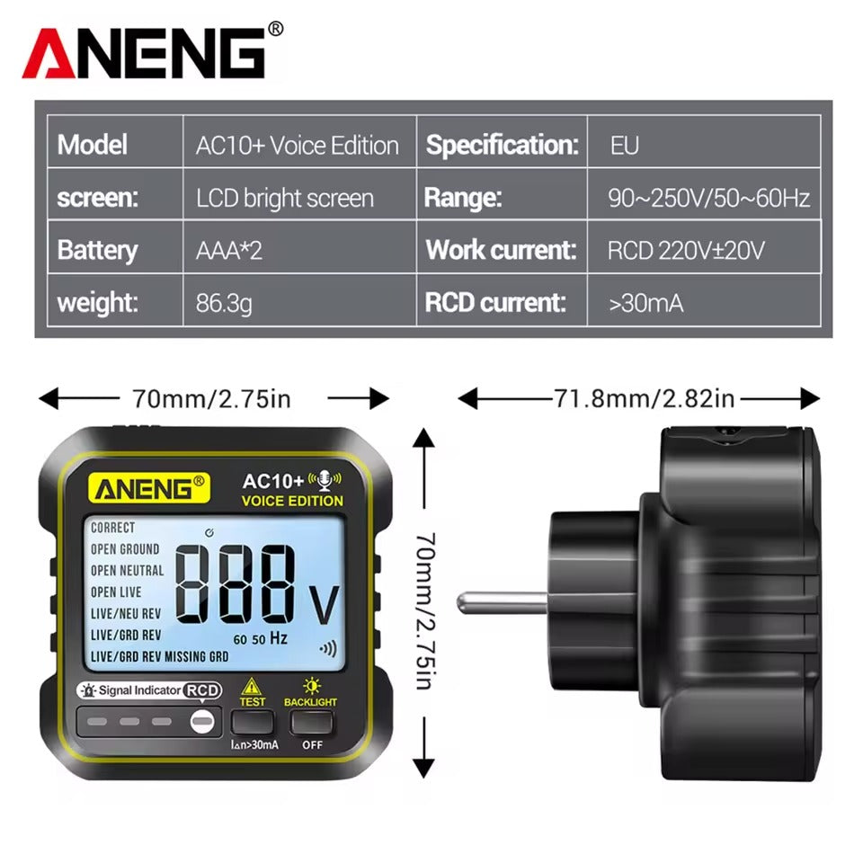 ANENG AC10+ Socket Tester RCD Electroscope 220V Digital Receptacle Detector Smart Voice Broadcast LCD Display EU Plug