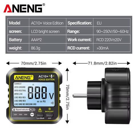ANENG AC10+ Socket Tester RCD Electroscope 220V Digital Receptacle Detector Smart Voice Broadcast LCD Display EU Plug