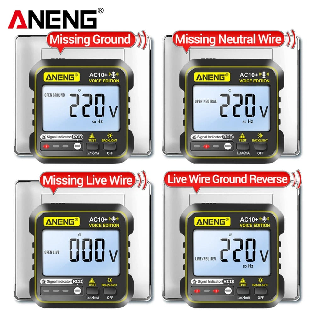ANENG AC10+ Socket Tester RCD Electroscope 220V Digital Receptacle Detector Smart Voice Broadcast LCD Display EU Plug