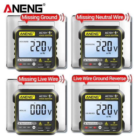 ANENG AC10+ Socket Tester RCD Electroscope 220V Digital Receptacle Detector Smart Voice Broadcast LCD Display EU Plug