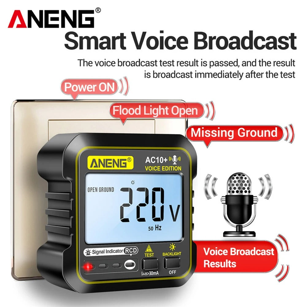 ANENG AC10+ Socket Tester RCD Electroscope 220V Digital Receptacle Detector Smart Voice Broadcast LCD Display EU Plug