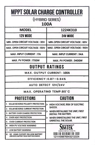 SIMTEK Hybrid MPPT Solar Charge Controller 100A with DC load Auto detection 12V/24V