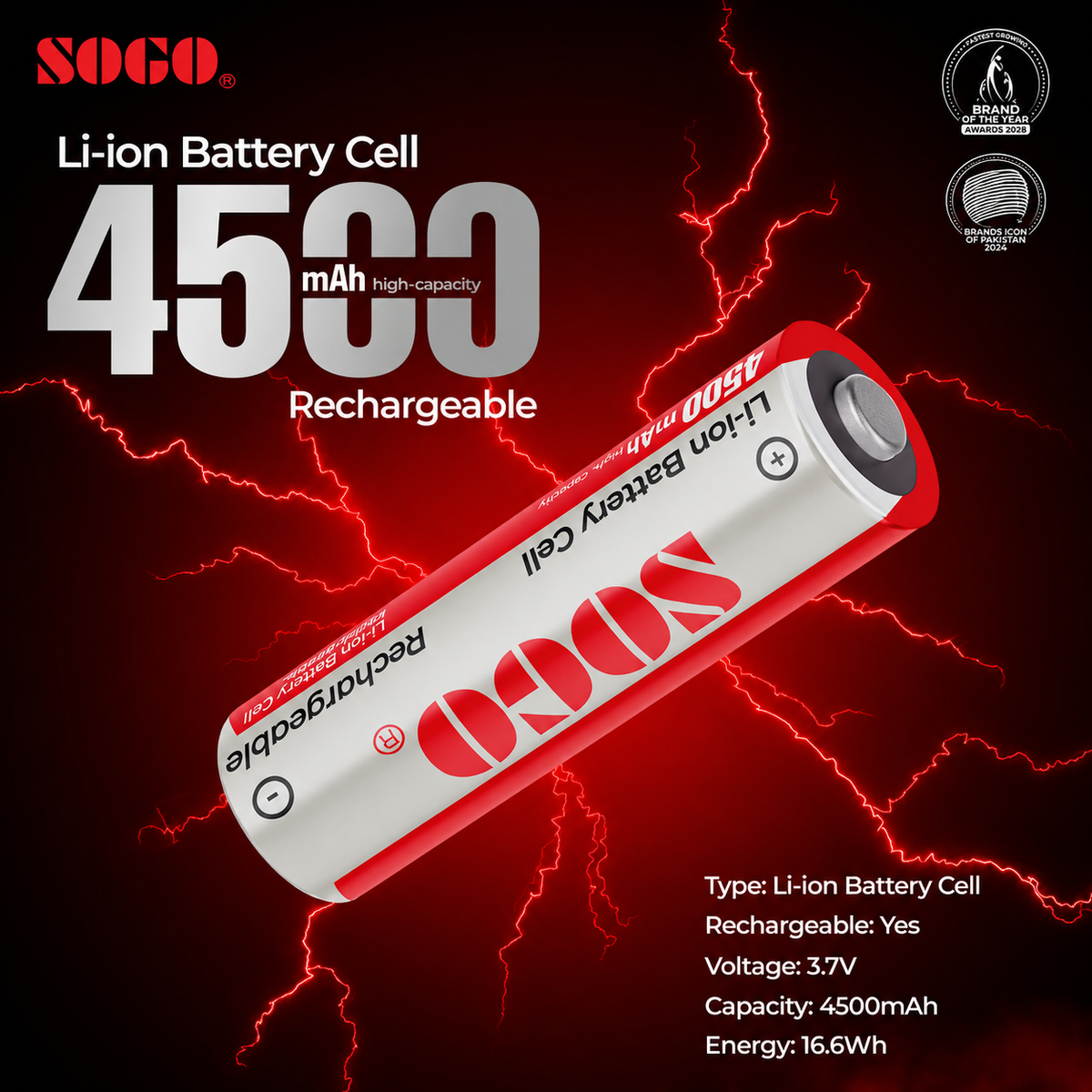 SOGO 18650 3.7V 4500mAh Rechargeable Lithium Battery cell | High Capacity Li-ion Battery (Pack of 2)