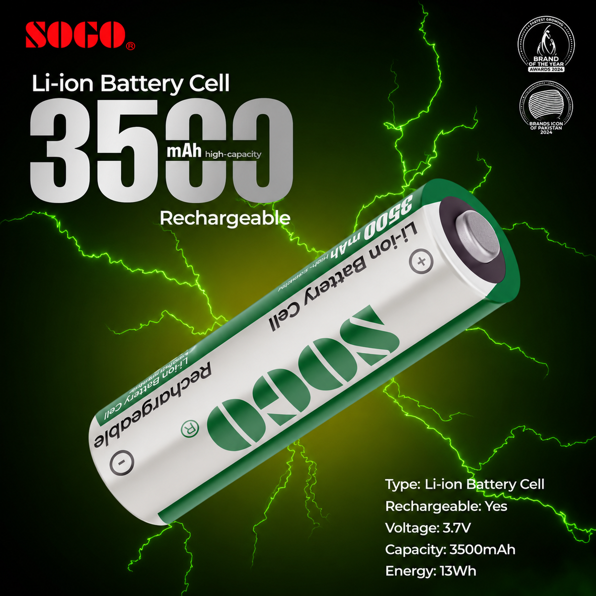SOGO 18650 3.7V 3500mAh Rechargeable Lithium Battery Cell | Button Top | High Capacity Long-Lasting Power (Pack of 2)