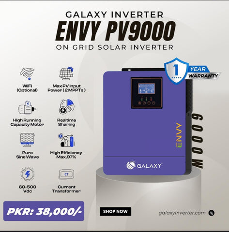 Galaxy Inverter Envy PV9000 on grid solar inverter with features and specifications on a white background.
