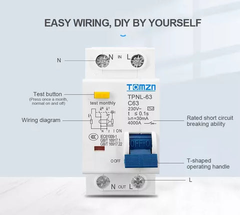 Tomzn TPNL63 C63 RCBO Amp Residual Current Circuit breaker with Current Leakage protection