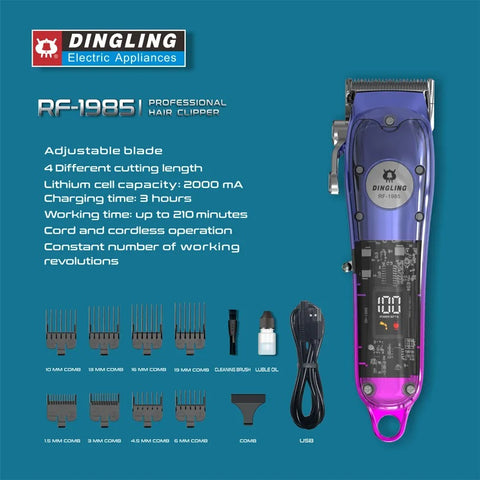 DingLing RF-1985 Professional Electric Men Grooming Hair Clipper-LCD Display Strong Power Cordless Hair Clipper