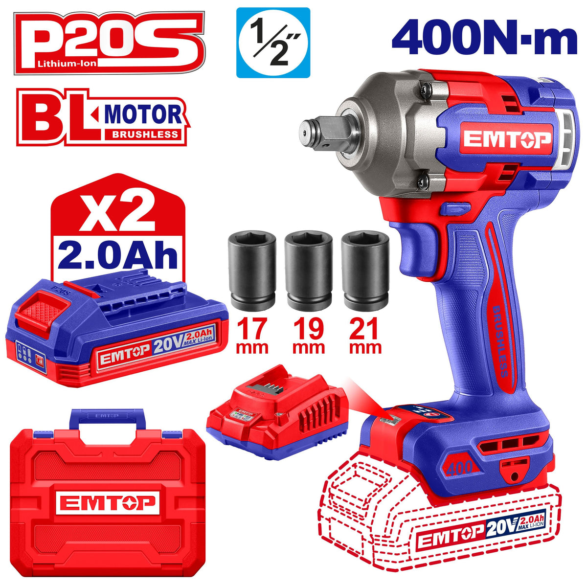 EMTOP cordless impact wrench set with battery, charger, and accessories on a white background