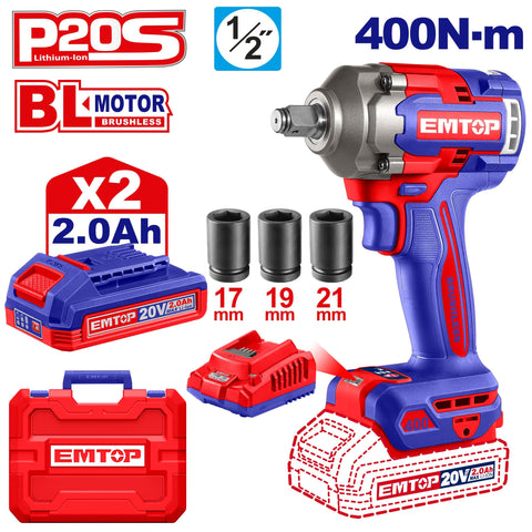 EMTOP cordless impact wrench set with battery, charger, and accessories on a white background
