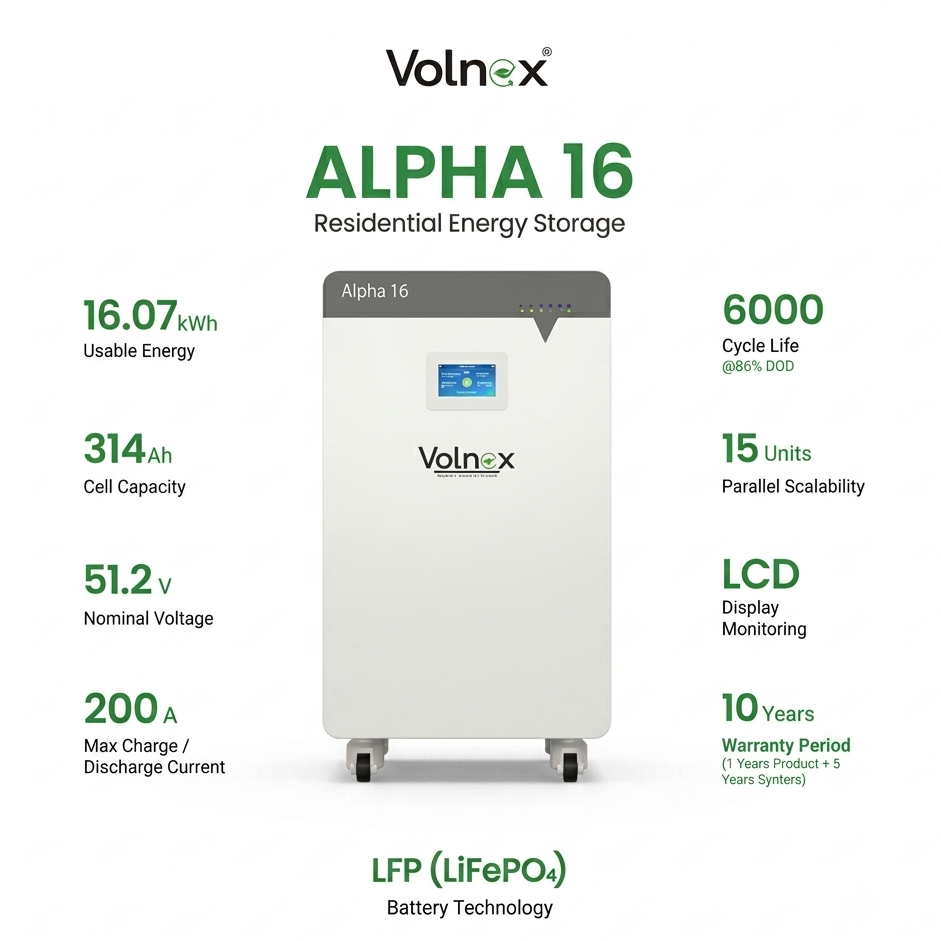 Volnex Alpha 16 Residential Low Voltage LiFePO4 Battery 16.08kWh 51.2V 314Ah