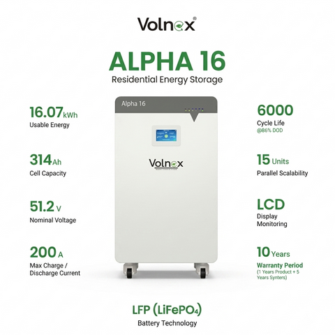 Volnex Alpha 16 Residential Low Voltage LiFePO4 Battery 16.08kWh 51.2V 314Ah