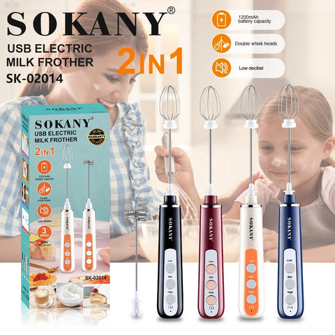 Sokany SK-02014 2-in-1 USB Electric Milk Frother | 1200mAh Rechargeable | Double Whisk | 3-Speed Adjustable
