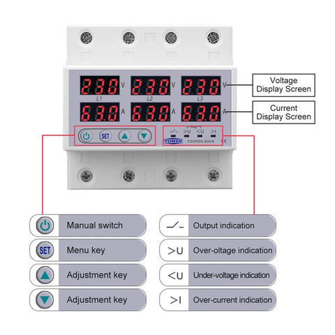 Tomzn TOVPD3-VA 3Phase 4 Pole Voltage and Current Protector