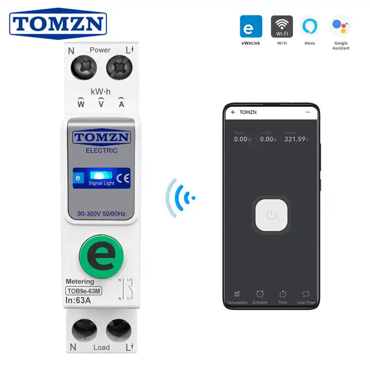 Ewelink TOMZN TOB9e-63M Kwh Monitoring Circuit Breaker 63A WIFI Smart Switch with monitoring and Protection, TOMZN wifi breaker full function