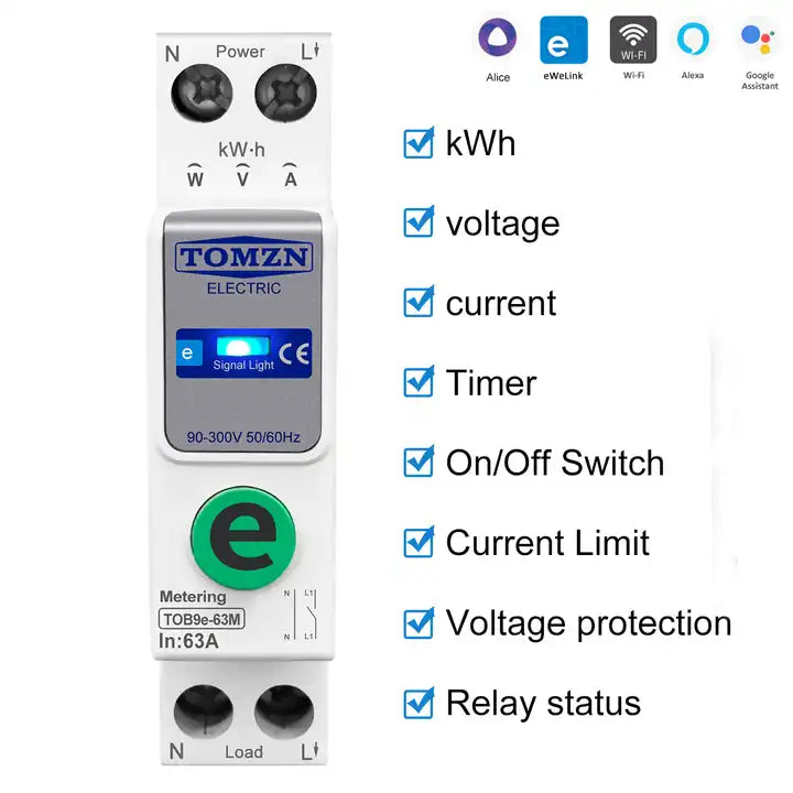 Ewelink TOMZN TOB9e-63M Kwh Monitoring Circuit Breaker 63A WIFI Smart Switch with monitoring and Protection, TOMZN wifi breaker full function