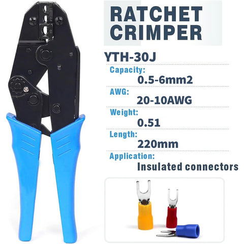 YTH YTH-30J Insulated Wire Terminals Connectors Ratcheting Crimper 20-10AWG(0.5-6mm²)