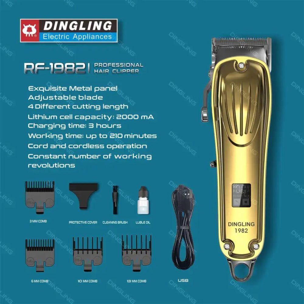 DINGLING RF-1982 Professional Electric All Metal Hair Clipper Powerful Cordless Hair Trimmer Barber