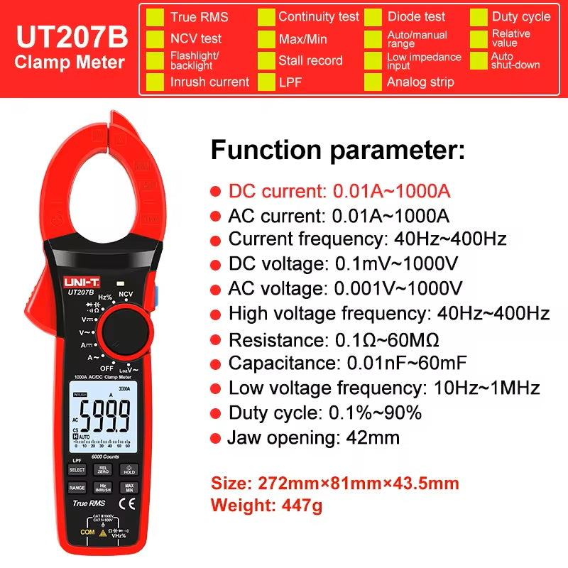 UNI-T UT207B True RMS Digital Clamp Meter AC DC Current 1000A 1000V Pl ...