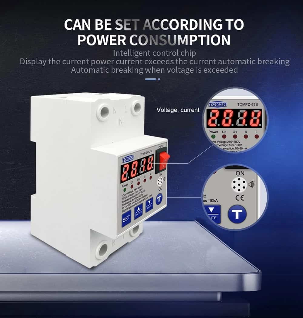 Tomzn 5in1 Over And Under Voltage Over Current with Current Leakage and Surge Protector 63A