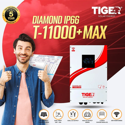 Tiger T-11000+ Diamond Series 8kW Hybrid solar Inverter With 11000W PV | Built-in WiFi | Dual Output | RGB Lights | Touch Display IP66