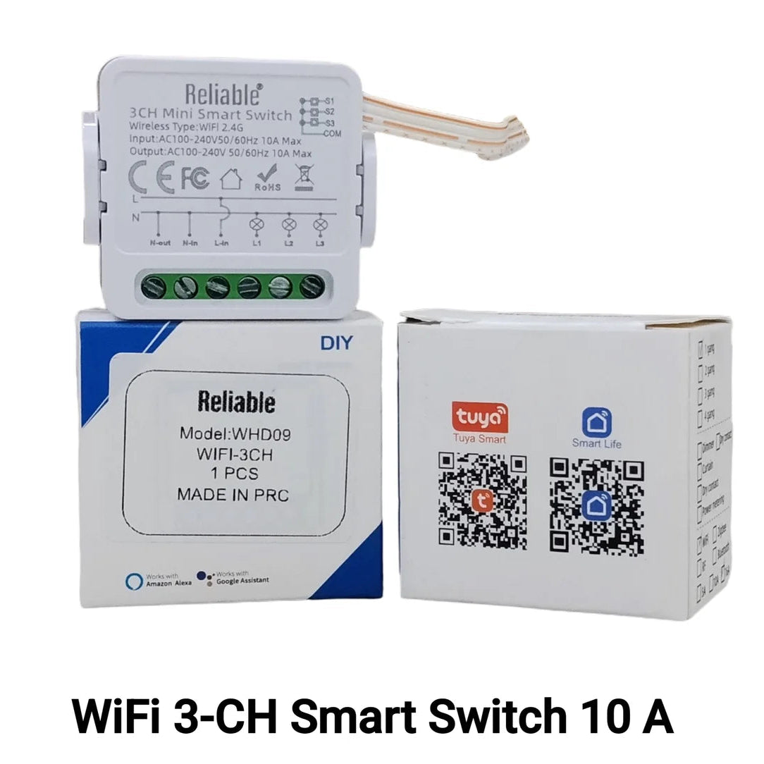 Reliable Electric 3 Channel WiFi Smart Switch 10A-16A | Tuya Smart Mini 3 Gang AC Relay Switch